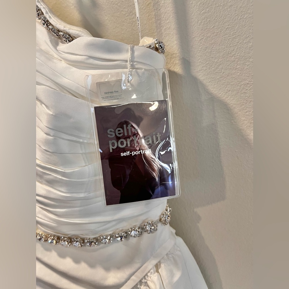 NWT Self Portrait Embellished Taffeta Diamante Trim White Dress Size 6 - Picture 7 of 8